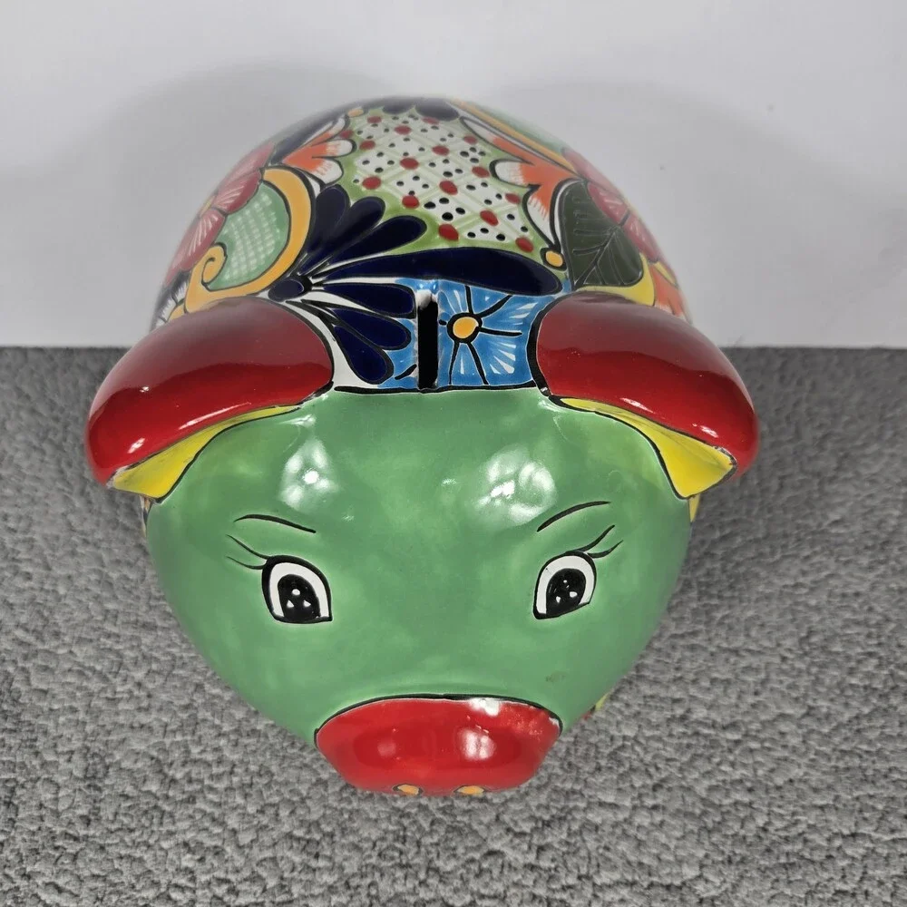 Talavera Piggy Bank Mexican Pottery Art Hand Painted 9.5 x 7.5 X 8 In
